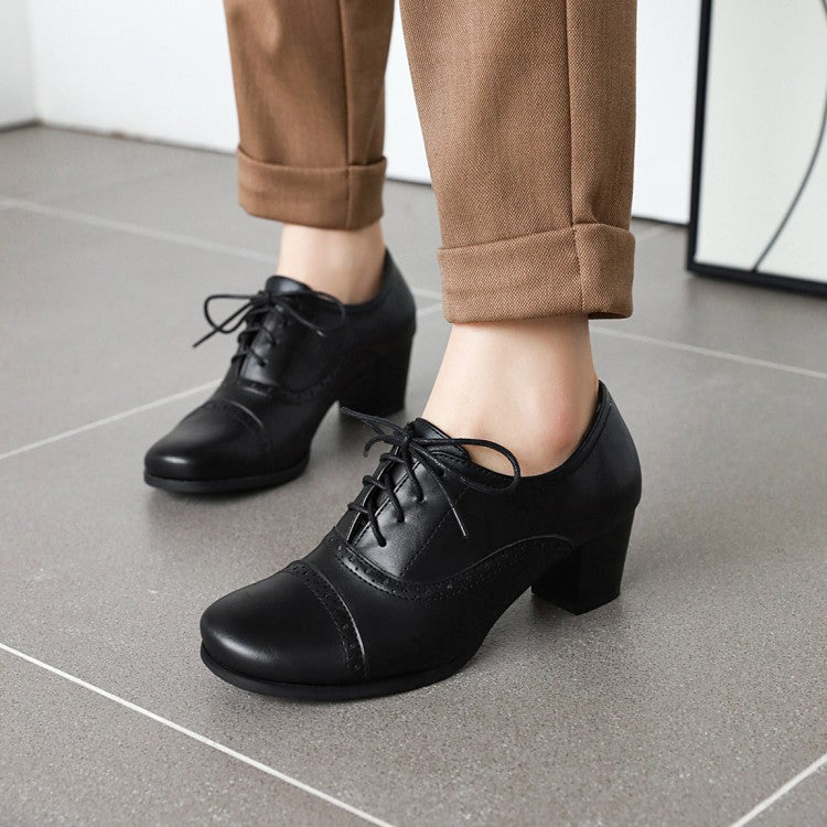 Women Round Toe Lace Up Block Heel Oxford Chunky Heels Shoes