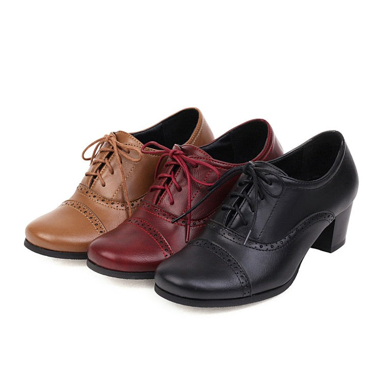 Women Round Toe Lace Up Block Heel Oxford Chunky Heels Shoes