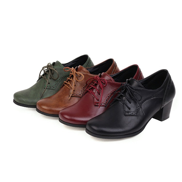 Women Pu Leather Square Toe Tied Lace Up Stitching Block Heel Chunky Heels Oxford Shoes
