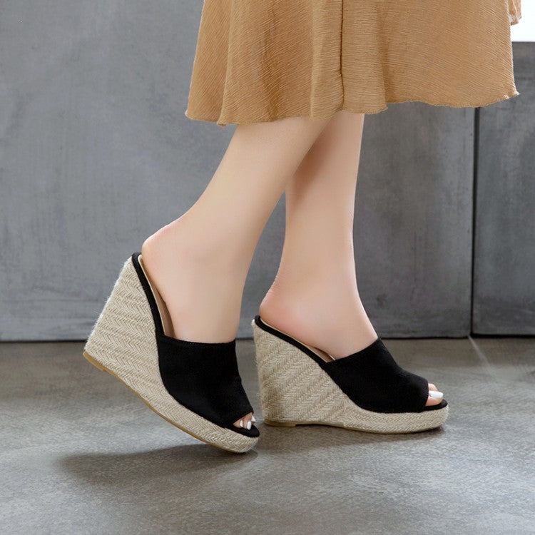 Women Solid Color Suede Woven Wedge Heel Platform Sandals