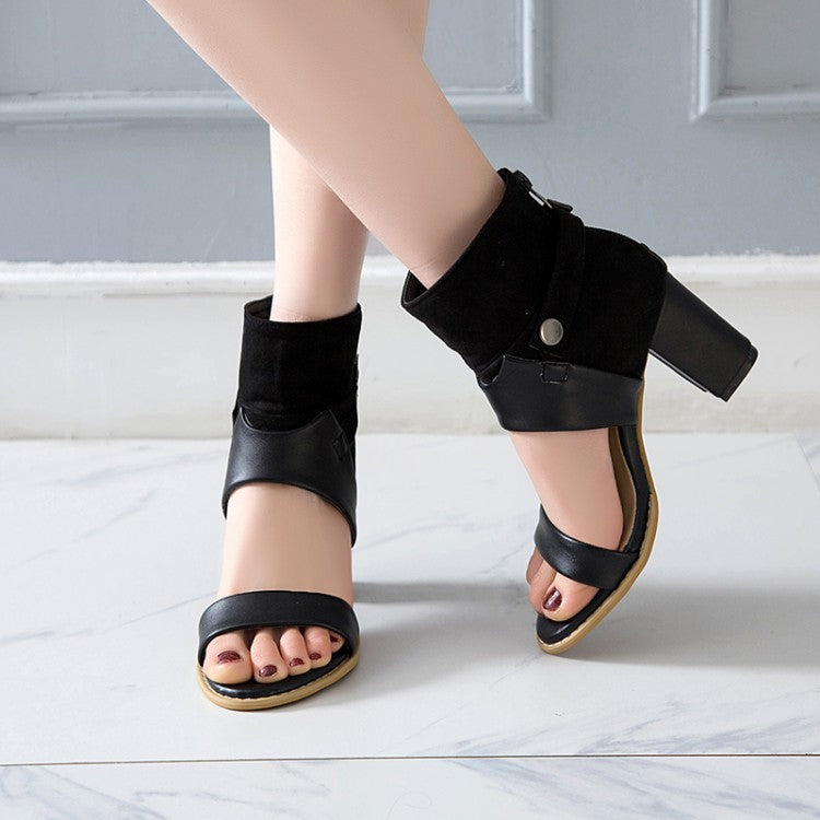 Women Solid Color Open Toe Buckle Ankle Wrap Block Heel Sandals