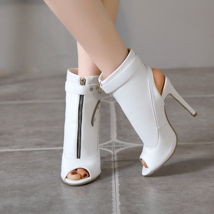 Women Solid Color Peep Toe Zipper Buckle Stiletto High Heel Sandals