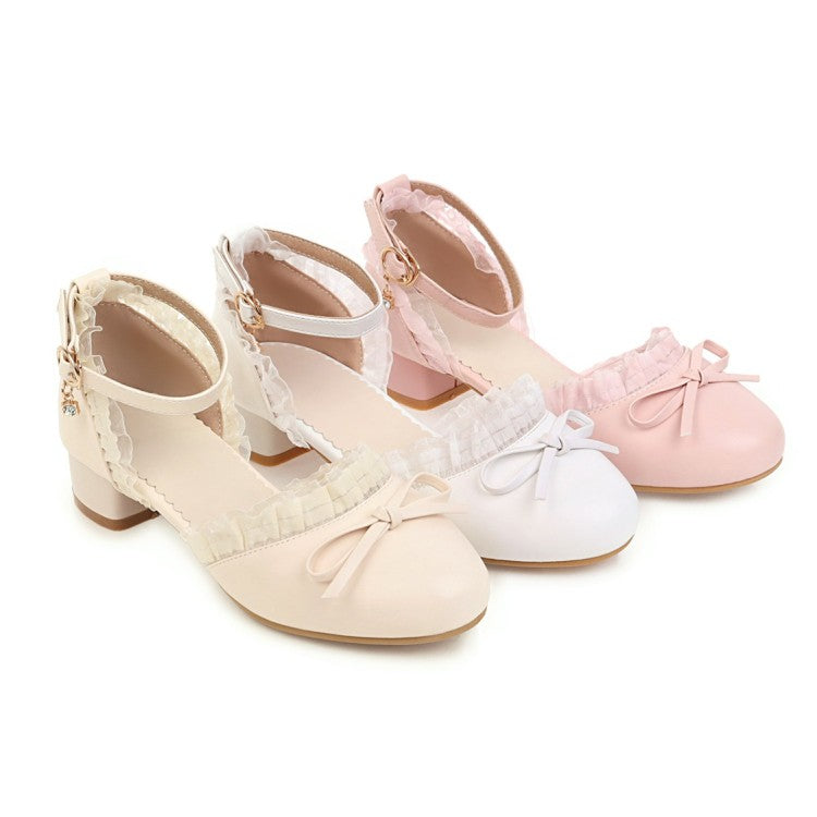 Women Lolita Round Toe Lace Butterfly Knot Hollow Out Block Heel Low Heels Sandals