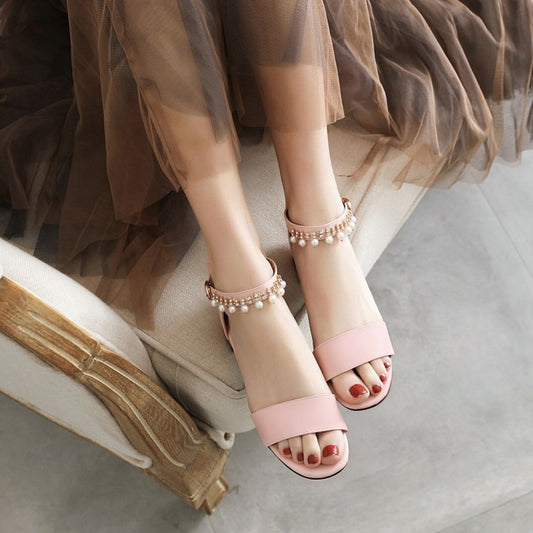 Women Solid Color Ankle Strap Pearls Hollow Out Block Heel Low Heels Sandals