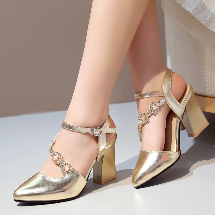 Women Glossy Pointed Toe Flora Wrap Strap Chunky Heel Sandals