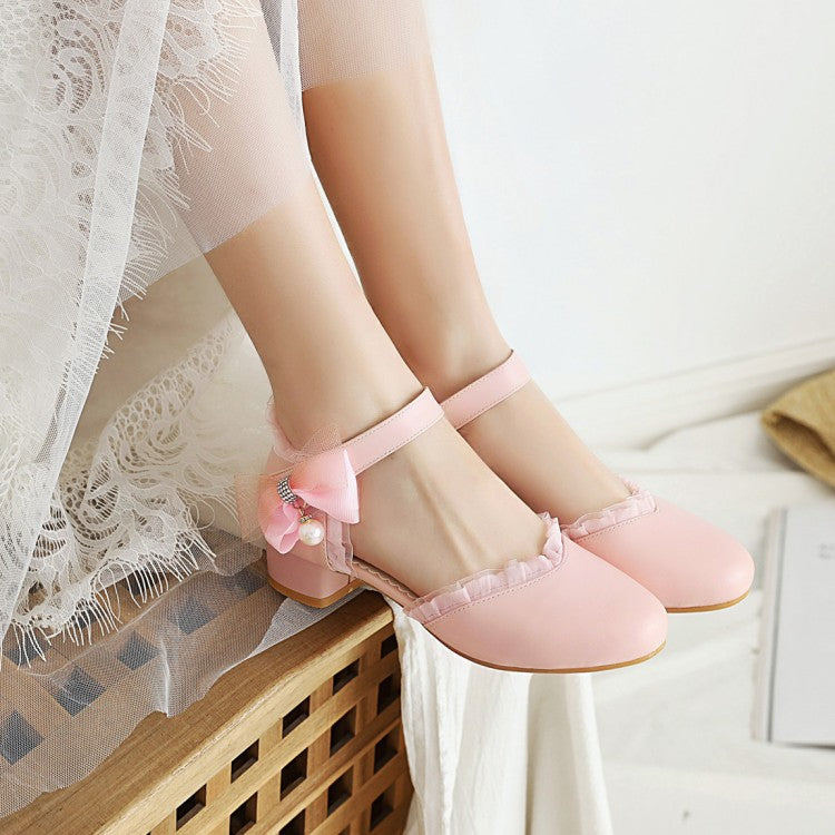 Women Lolita Lace Round Toe Pearls Ankle Strap Block Heel Low Heels Sandals