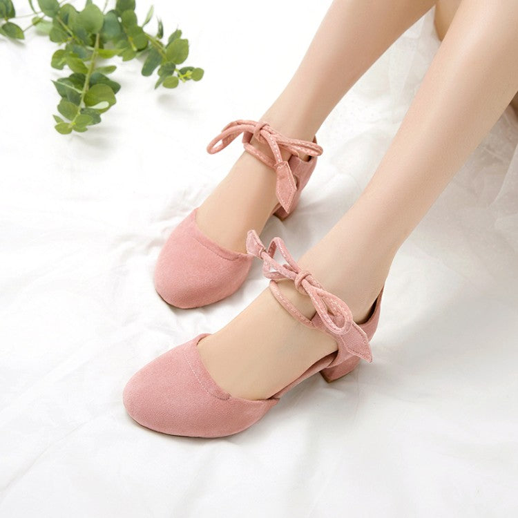 Women Solid Color Suede Round Toe Tied Strap Block Heel Sandals