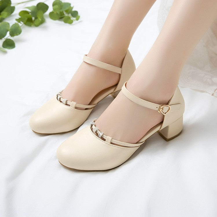 Women Solid Color Round Toe Rhinestone Ankle Strap Block Heel Sandals
