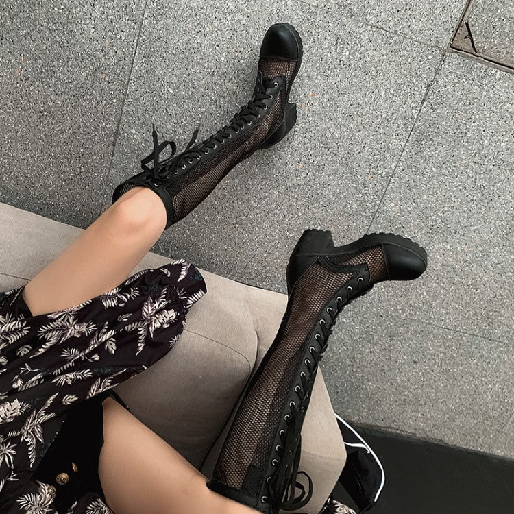 Women Pu Leather Mesh Lace Up Block Heel Platform Knee High Boots