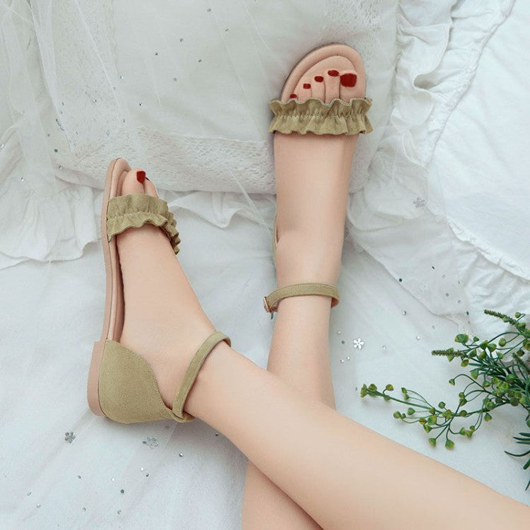 Women Solid Color Suede Lacing Ankle Strap Flat Sandals