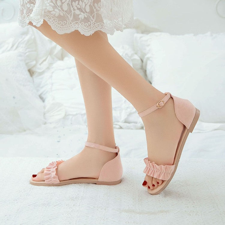 Women Solid Color Suede Lacing Ankle Strap Flat Sandals