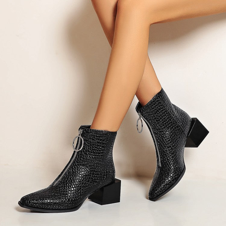 Woman Snake Printed Pu Leather Zippers Pointed Toe Block Chunky Heel Short Boots