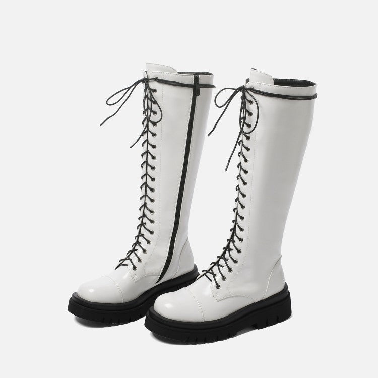 Women Pu Leather Lace Up Side Zippers Knee High Boots
