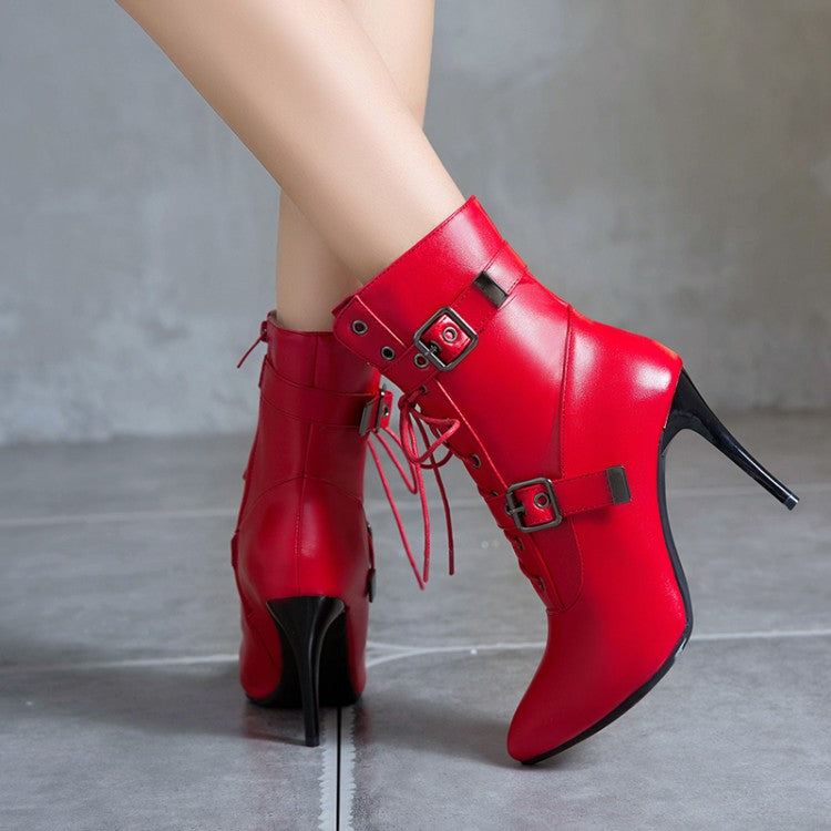Pointed Toe Buckle Lace Up Woman High Heel Short Boots