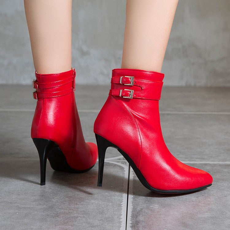 Pointed Toe Buckle Woman High Heel Short Boots