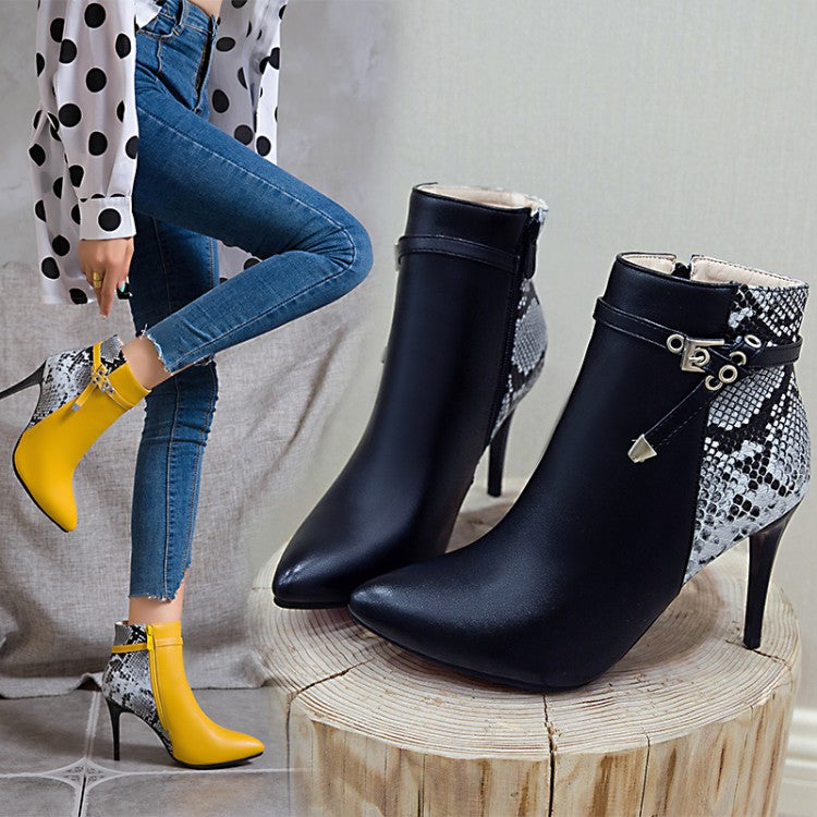 Woman Pointed Toe Snake-print High Heel Short Boots