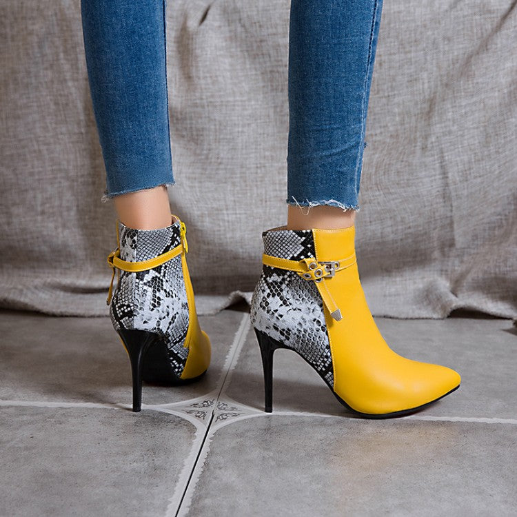 Woman Pointed Toe Snake-print High Heel Short Boots