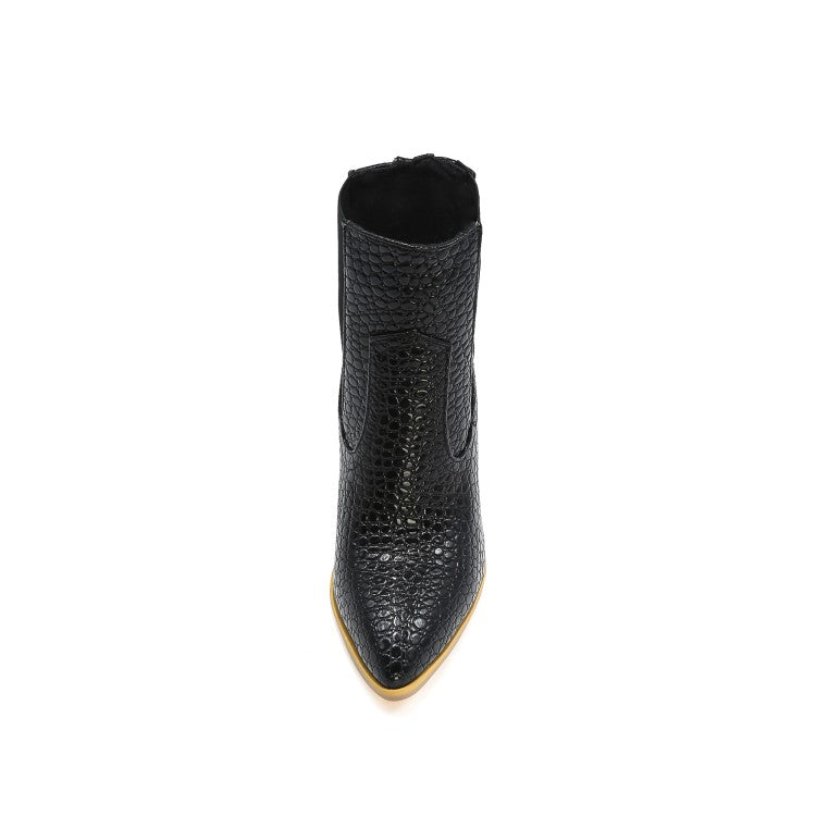 Woman Snake Crocodile Pattern Pointed Toe Elastic Band Block Heel Short Boots