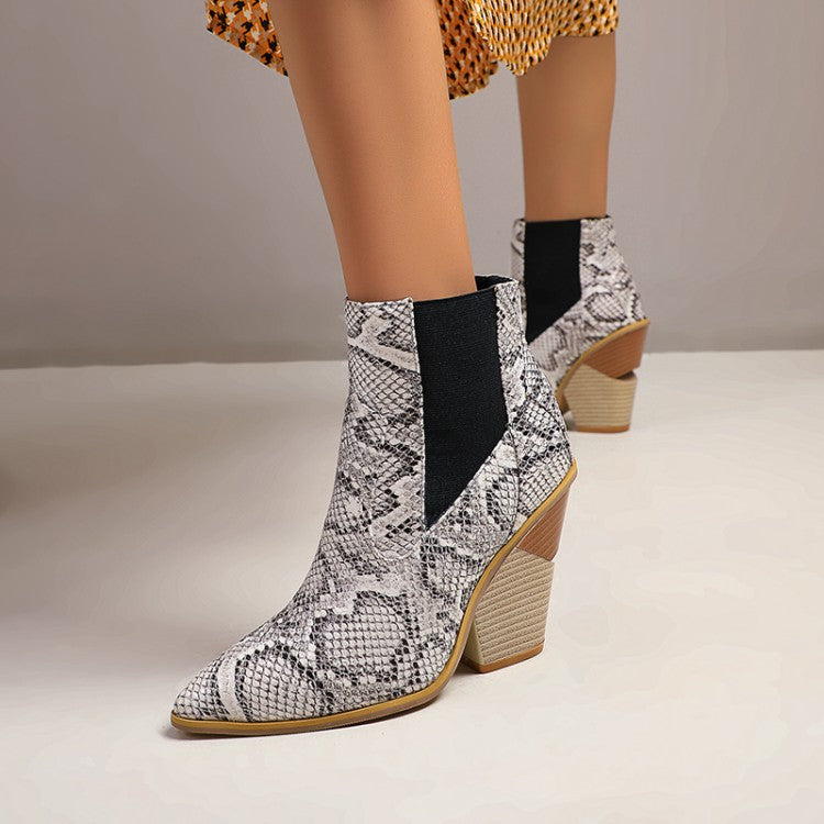 Woman Snake Crocodile Pattern Pointed Toe Elastic Band Block Heel Short Boots