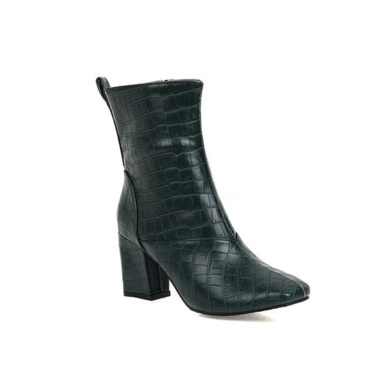 Woman Pu Leather Crocodile Pattern Side Zippers Block Heel Short Boots