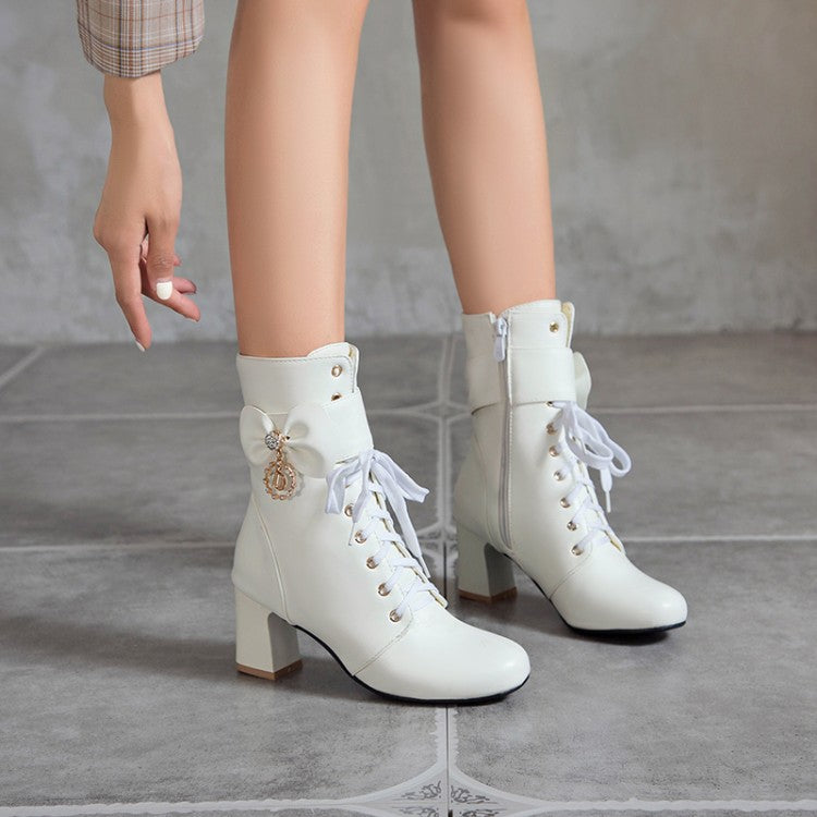 Women Pu Leather Lace Up Bowtie Rhinestone Block Heel Ankle Boots