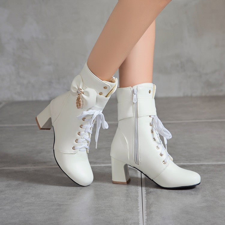 Women Pu Leather Lace Up Bowtie Rhinestone Block Heel Ankle Boots