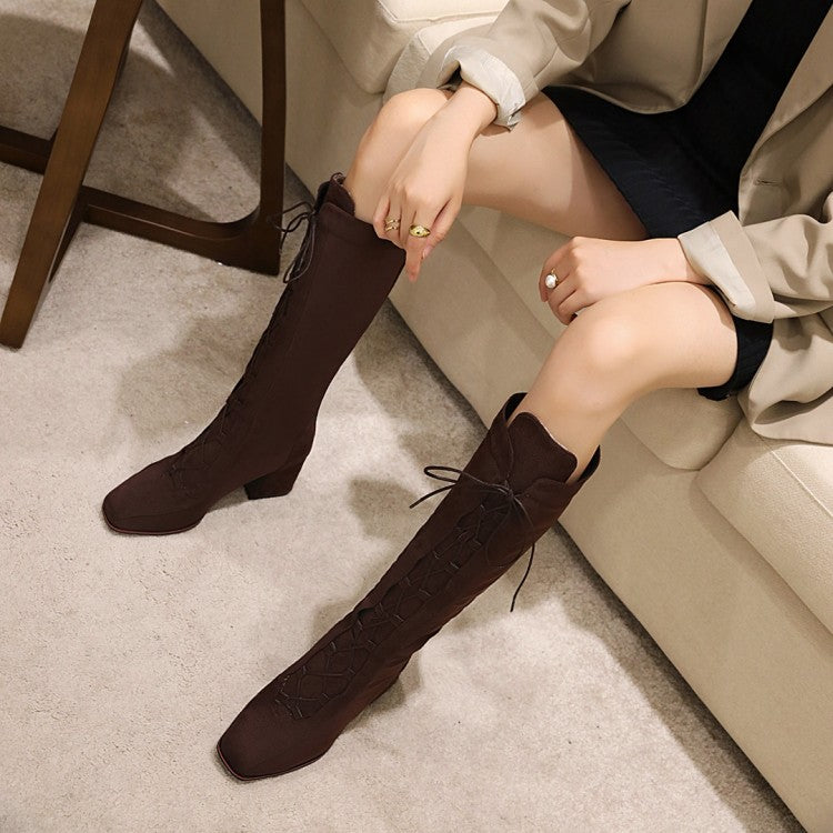 Woman Lace Up High Heel Knee High Boots