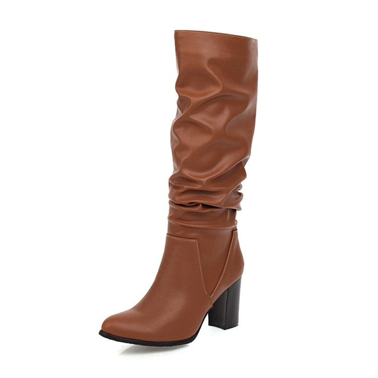 Women Pu Leather Pointed Toe Stitching Block Heel Knee High Boots