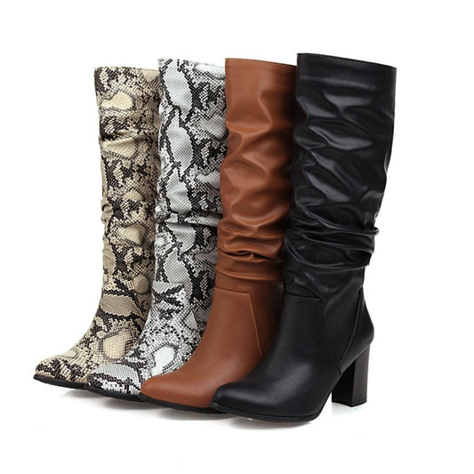 Women Pu Leather Pointed Toe Stitching Block Heel Knee High Boots