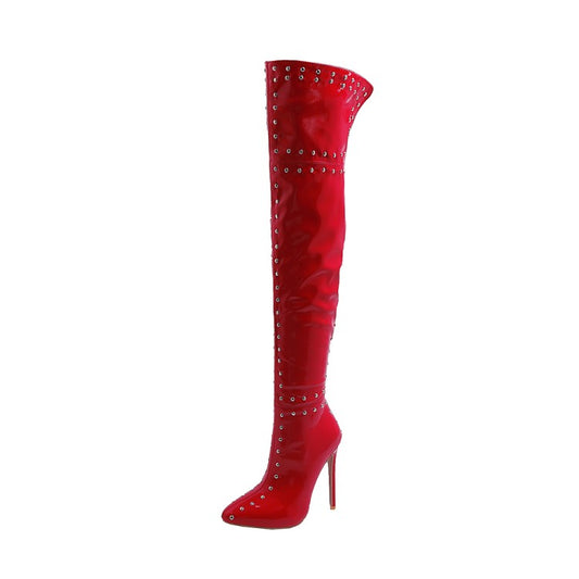 Woman Pointed Toe Rivets Patchwork Stiletto Heel Over the Knee Boots