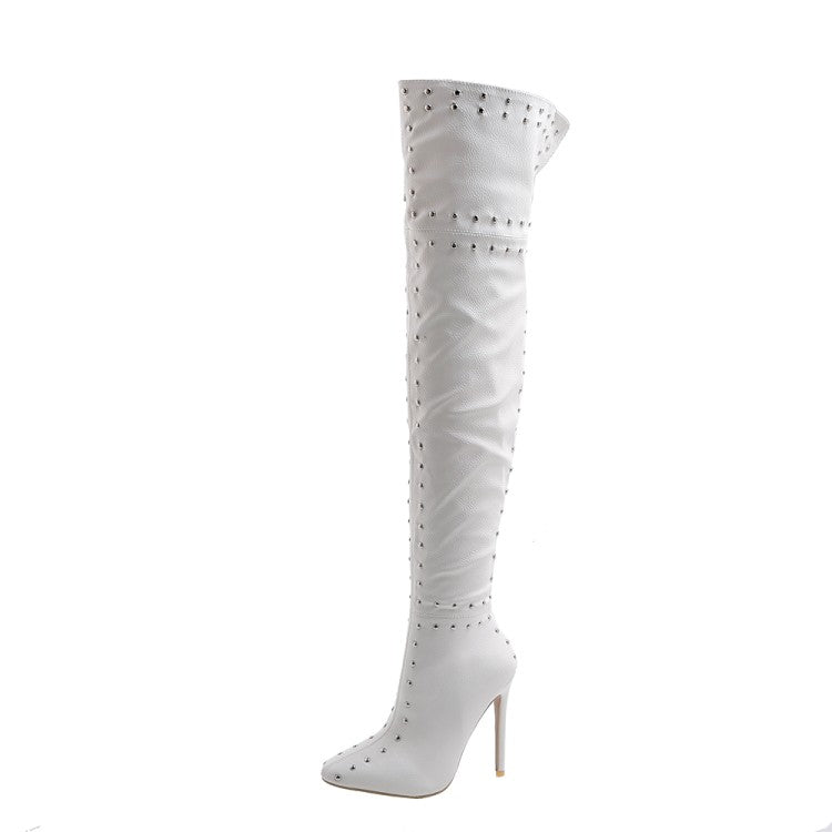 Woman Pointed Toe Rivets Patchwork Stiletto Heel Over the Knee Boots