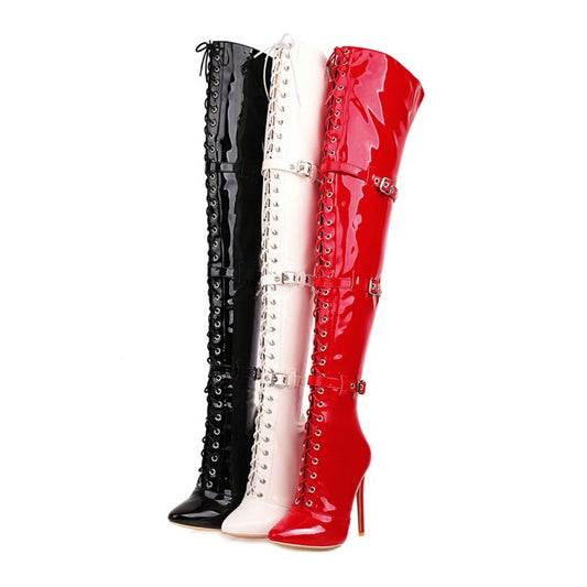 Woman Patent Leather Pointed Toe Lace Up Buckles Belts Stiletto Heel Over the Knee Boots