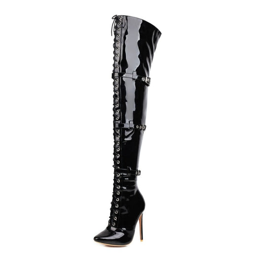 Woman Patent Leather Pointed Toe Lace Up Buckles Belts Stiletto Heel Over the Knee Boots