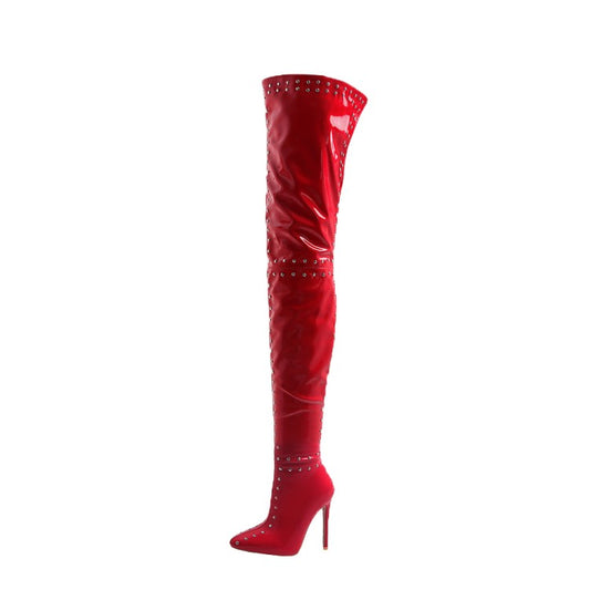 Woman Pu Leather Pointed Toe Rivets Patchwork Side Zippers Over the Knee Stiletto Heel Tall Boots