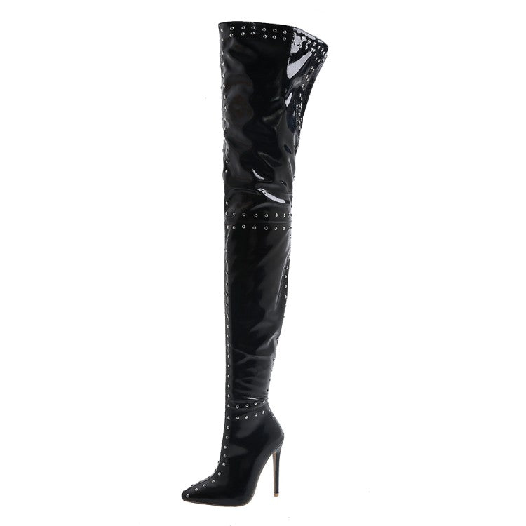 Woman Pu Leather Pointed Toe Rivets Patchwork Side Zippers Over the Knee Stiletto Heel Tall Boots