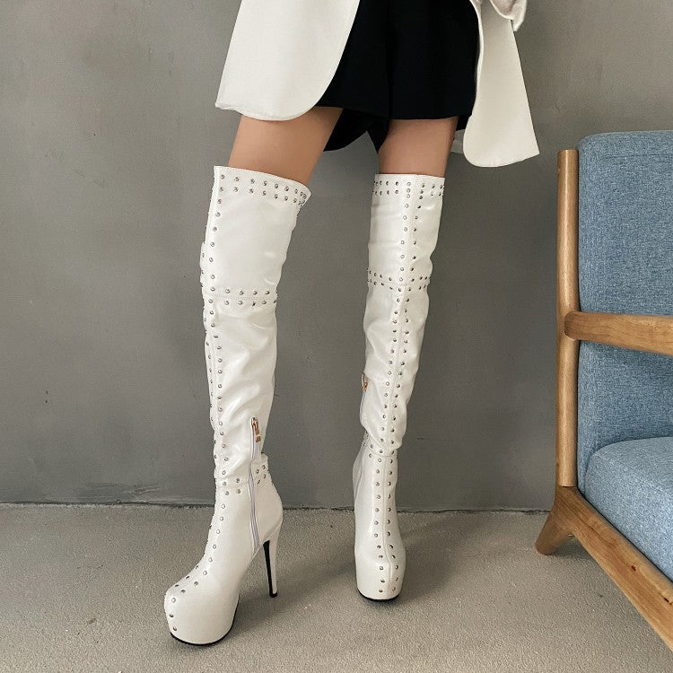Woman Rivets Patchwork Side Zippers Stiletto Heel Platform Over the Knee Boots