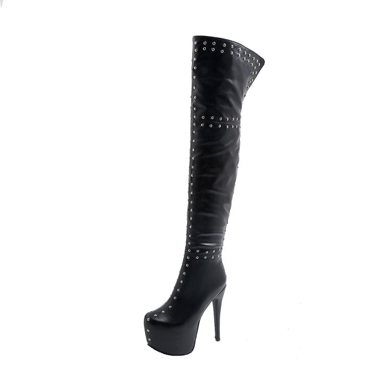 Woman Rivets Patchwork Side Zippers Stiletto Heel Platform Over the Knee Boots