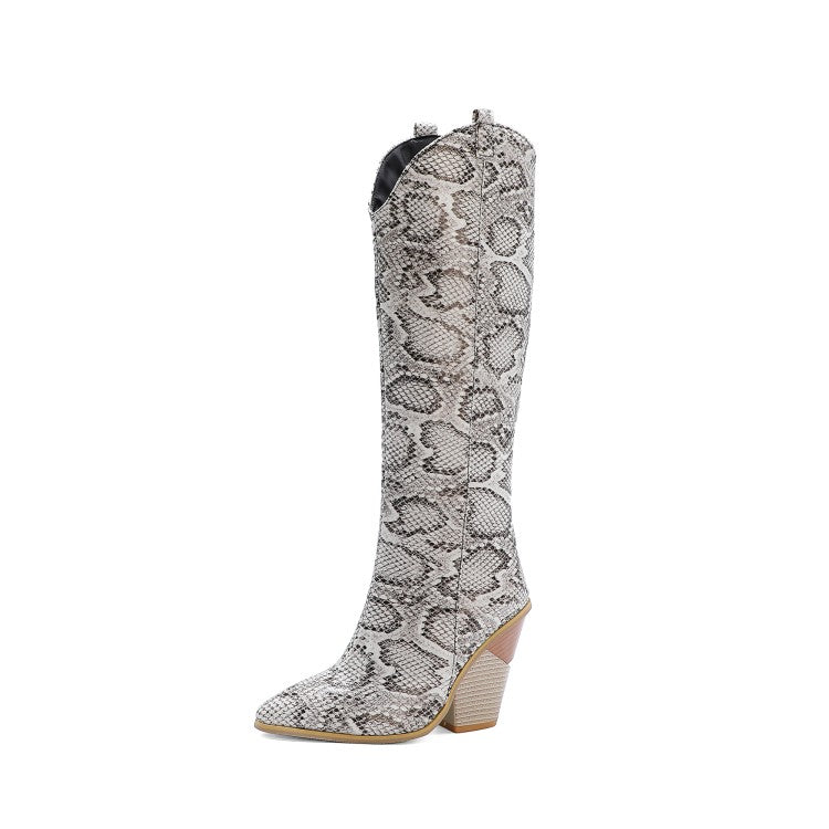 Women Crocodile Pattern Pointed Toe Back Zippers Block Heel Knee High Boots