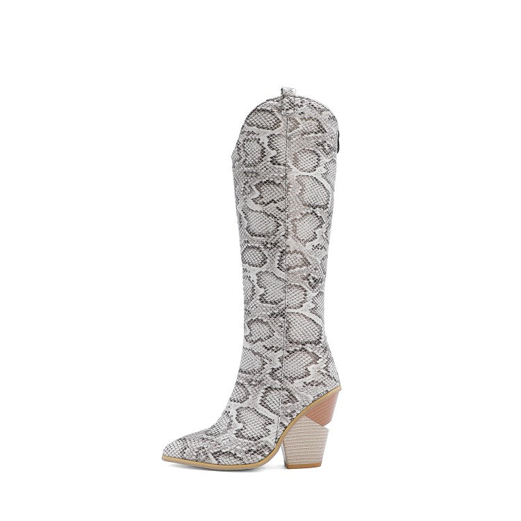 Women Crocodile Pattern Pointed Toe Back Zippers Block Heel Knee High Boots