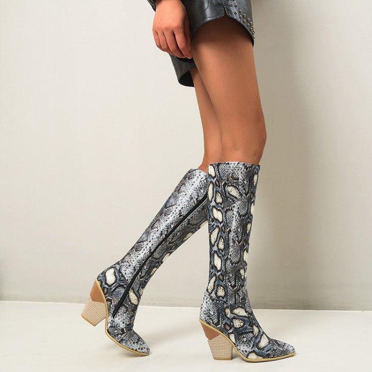 Women Snake Printed Pointed Toe Side Zippers Chunky Heel Knee High Boots
