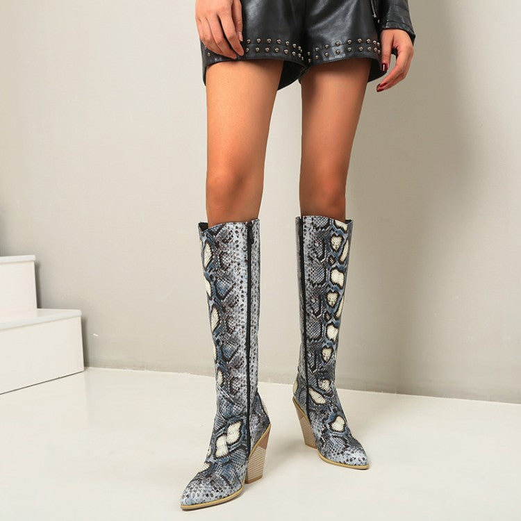 Women Snake Printed Pointed Toe Side Zippers Chunky Heel Knee High Boots