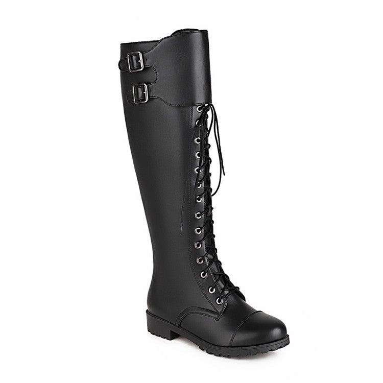 Women Pu Leather Round Toe Lace Up Belts Side Zippers Martin Knee High Boots