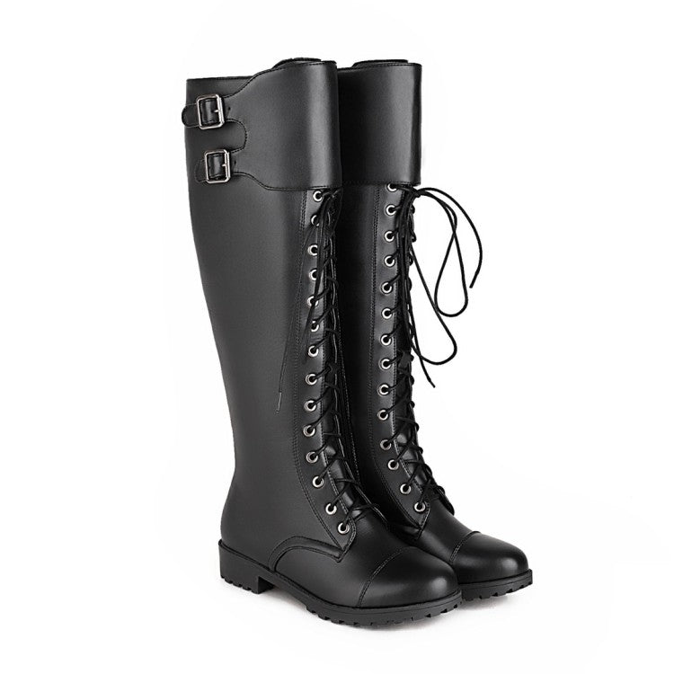Women Pu Leather Round Toe Lace Up Belts Side Zippers Martin Knee High Boots