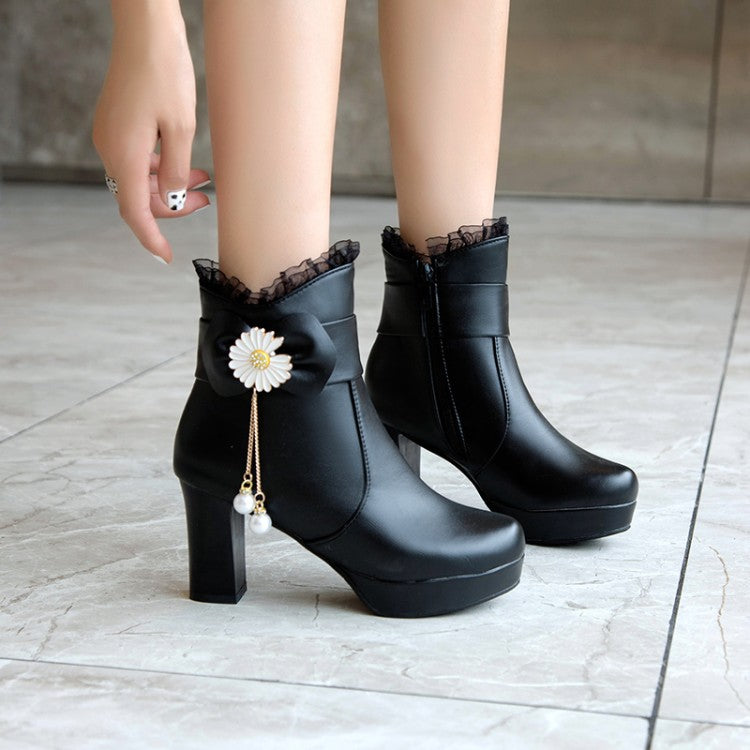 Women Pu Leather Sunflower Pearls Bowtie Lace Chunky Heel Platform Ankle Boots