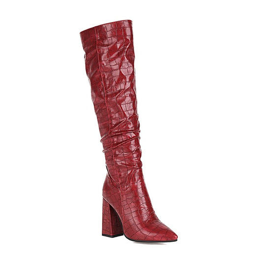 Woman Pattern Pu Leather Pointed Toe Block Heel Knee High Boots