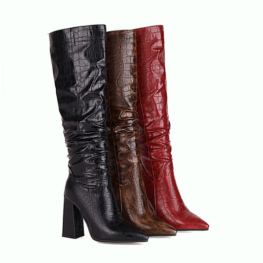 Woman Pattern Pu Leather Pointed Toe Block Heel Knee High Boots