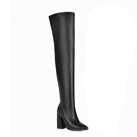 Woman Snake Pattern Pointed Toe Side Zippers Block Heel Over the Knee High Boots