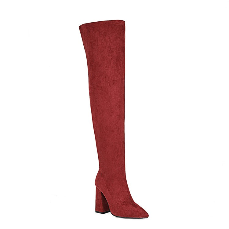 Woman Pointed Toe Side Zippers Over the Knee Block Heel High Boots