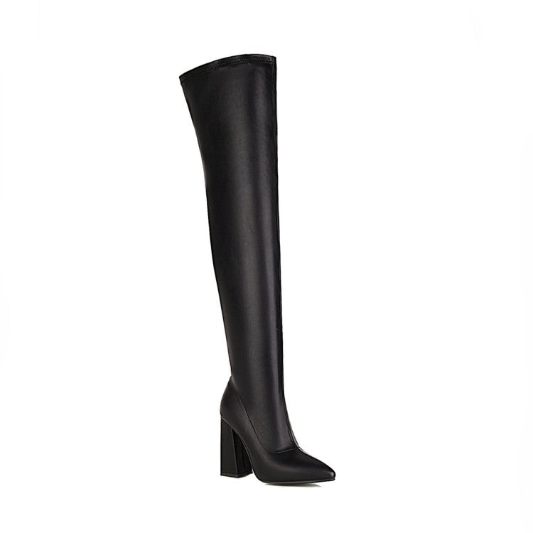 Woman Pointed Toe Side Zippers Over the Knee Block Heel High Boots