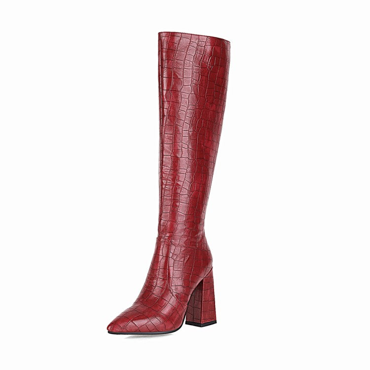Woman Pattern Pu Leather Pointed Toe Side Zippers Block Heel Knee High Boots